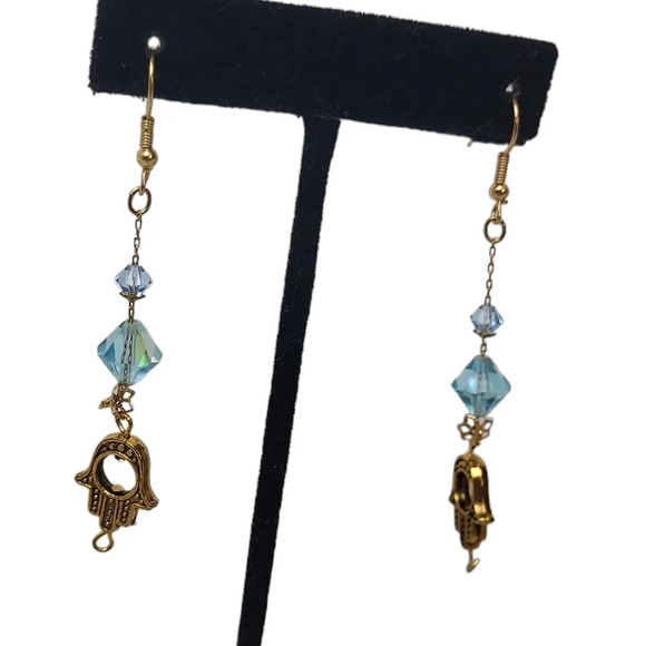 Hamsa Hand Blue Glass Disco Dangle Earrings - Picture 2 of 2